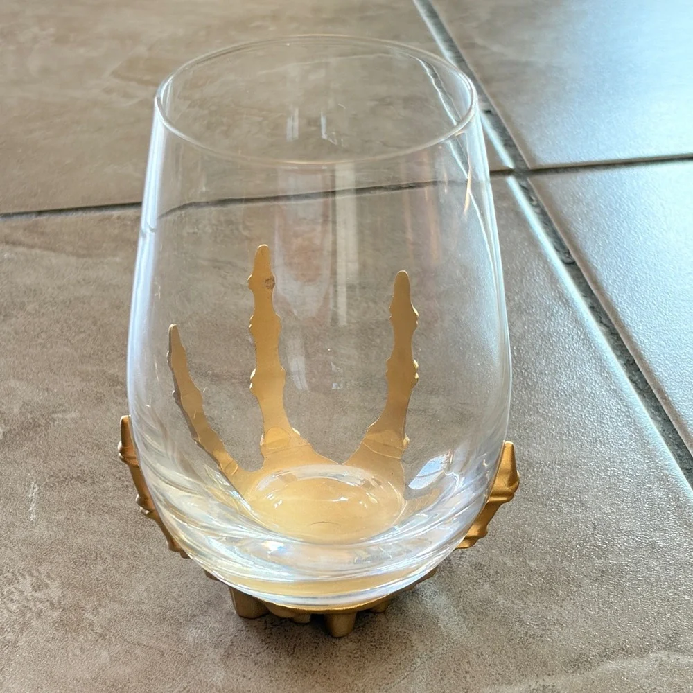 Pottery Barn Brass Skeleton Hand Stemless Wine Glass Halloween Gothic Fast Ship